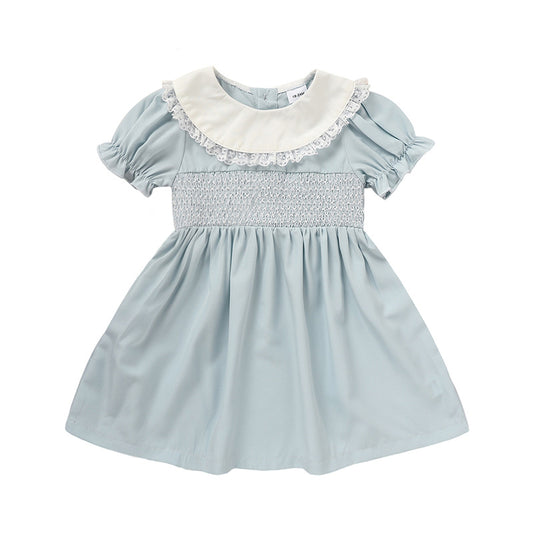 Toddler Girls Smocked Dress – Cute Puff Short Sleeve Princess Outfit with Lace Crew Neck, Elegant Party Dress for Birthdays & Special Occasions