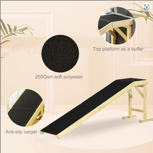 Pet Ramp for Dog Bed with Non-Slip Carpet & Top Platform – Pine Wood, 74" × 16" × 25"