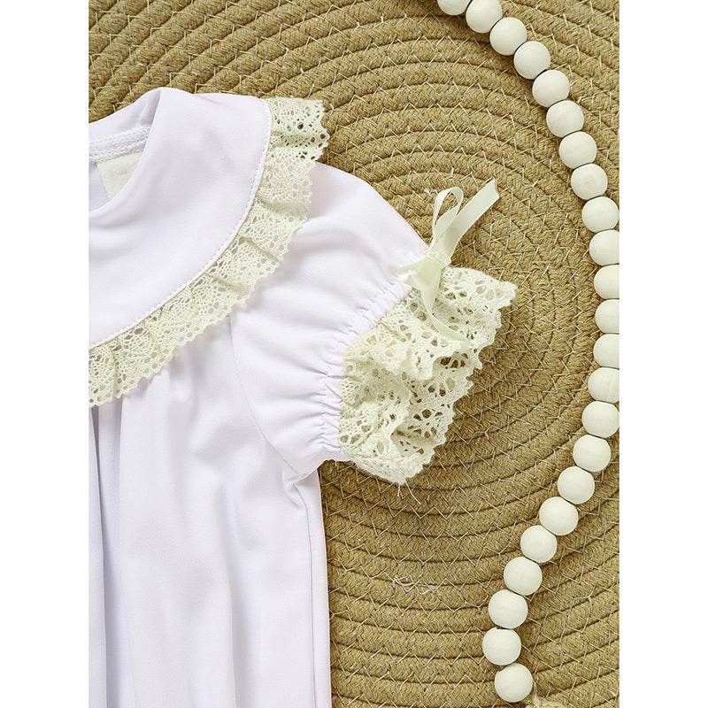 Baby Girl White Lace Romper 👶✨ Short-Sleeve Bubble Jumpsuit for Summer & Weddings 💒☀️