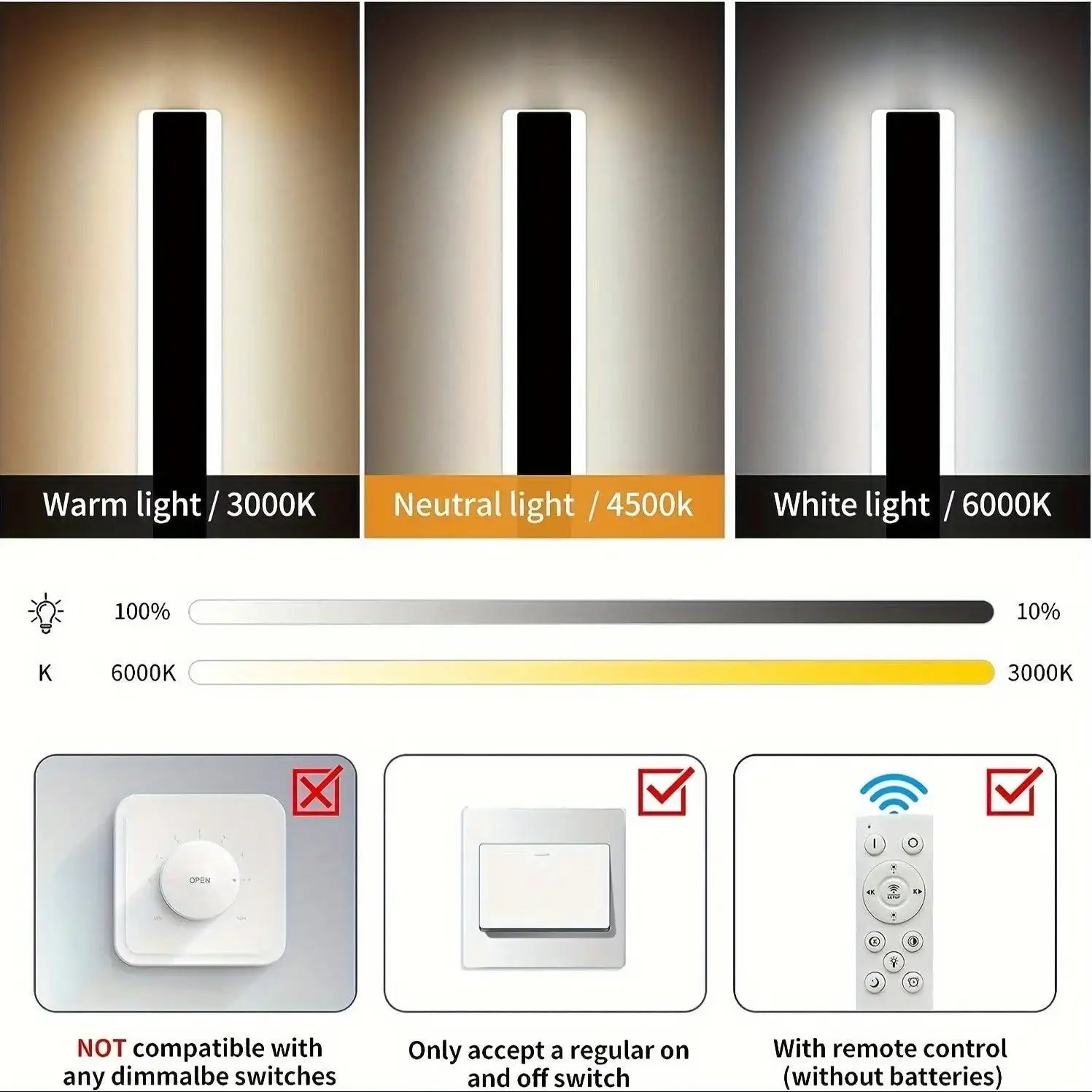 [2pcs Dimmable Wall Light] 1pc/2pcs Dimmable Modern Outdoor Wall Light | 10%-100% Dimmable Outdoor Wall Sconce with Remote Control | 3000k-6000k Black Outdoor Exterior Lights Linear Long Porch Lights - PulinGO
