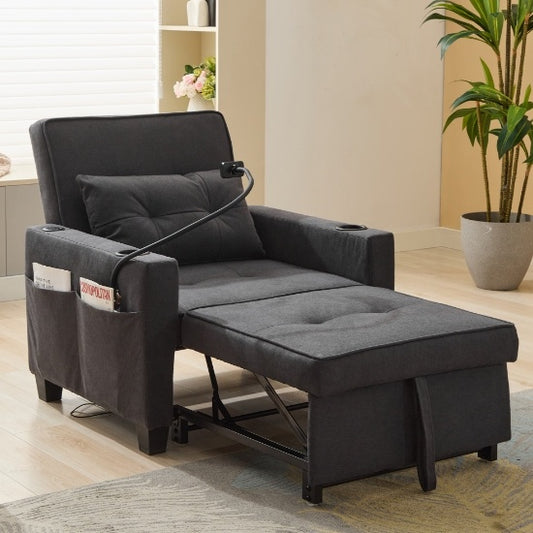 3-in-1 Convertible Sleeper Chair Bed with USB Ports - Pull-Out Futon Armchair (Grey)