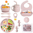 Silicone Baby Feeding Set 10 PCS – Suction Bowl, Divided Plate, Bib, Spoon & Fork, Snack Cup (Sakura Pink)