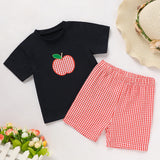 Toddler Baby Boy Back to School Outfit – Summer Appliqué T-Shirt & Red Gingham Shorts 2PCS Set