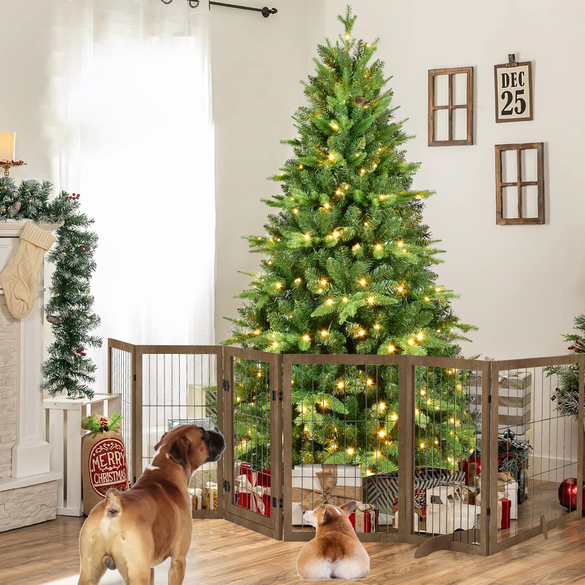 Dog Gate with Door – 6-Panel Pet Fence Barrier, 144" Wide × 32" Tall, Foldable & Configurable into Multiple Shapes