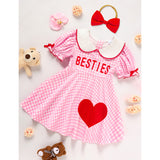 Sweet Baby Toddler Girls Short Sleeve Letter & Heart Print Doll Collar Dress with Matching Headband