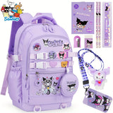 Kuromi Large-Capacity Backpack Set – Kids & Teens Bookbag + Coin Purse + Plush Charm + Stationery Set + Badge Bundle