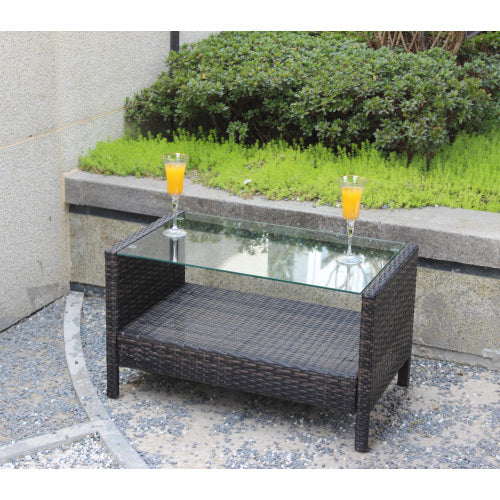 All-Weather Wicker Patio Coffee Table with Glass Top - Outdoor Rattan Center Table