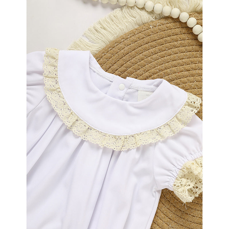 Baby Girl White Lace Romper 👶✨ Short-Sleeve Bubble Jumpsuit for Summer & Weddings 💒☀️