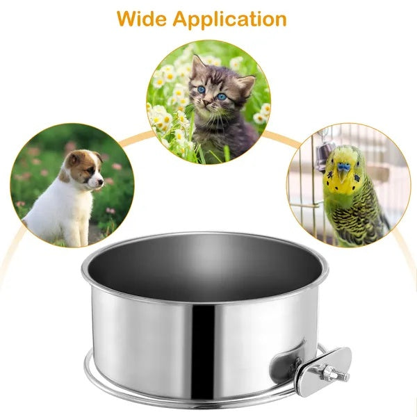 Detachable Pet Cage Food & Water Bowl with Clamp Holder – Stainless Steel Feeding Cup for Dogs, Cats & Small Animals