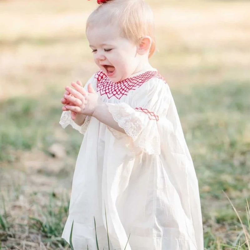 Infant Baby Girl Valentine’s Day Dress ❤️ White Lace with Red Embroidery (111 karakter ✅)