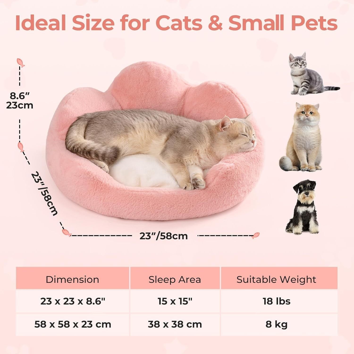 Mewoofun Fluffy Cat Couch Bed – 23" Round Washable Sofa with Non-Slip Bottom for Indoor Cats & Small Dogs