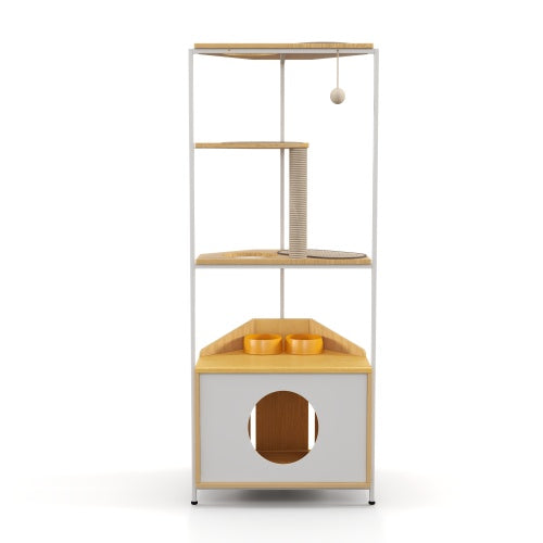 Cat Apartment with Feeding Station & Climbing Platform – Multi-Functional Indoor Pet Furniture with Condo, Scratch Posts & Elevated Bowls