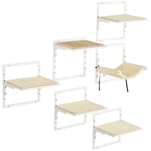 PawHut 6-Piece Modern Cat Wall Shelves – Height Adjustable Jumping Platforms & Climbing Furniture for Indoor Cats