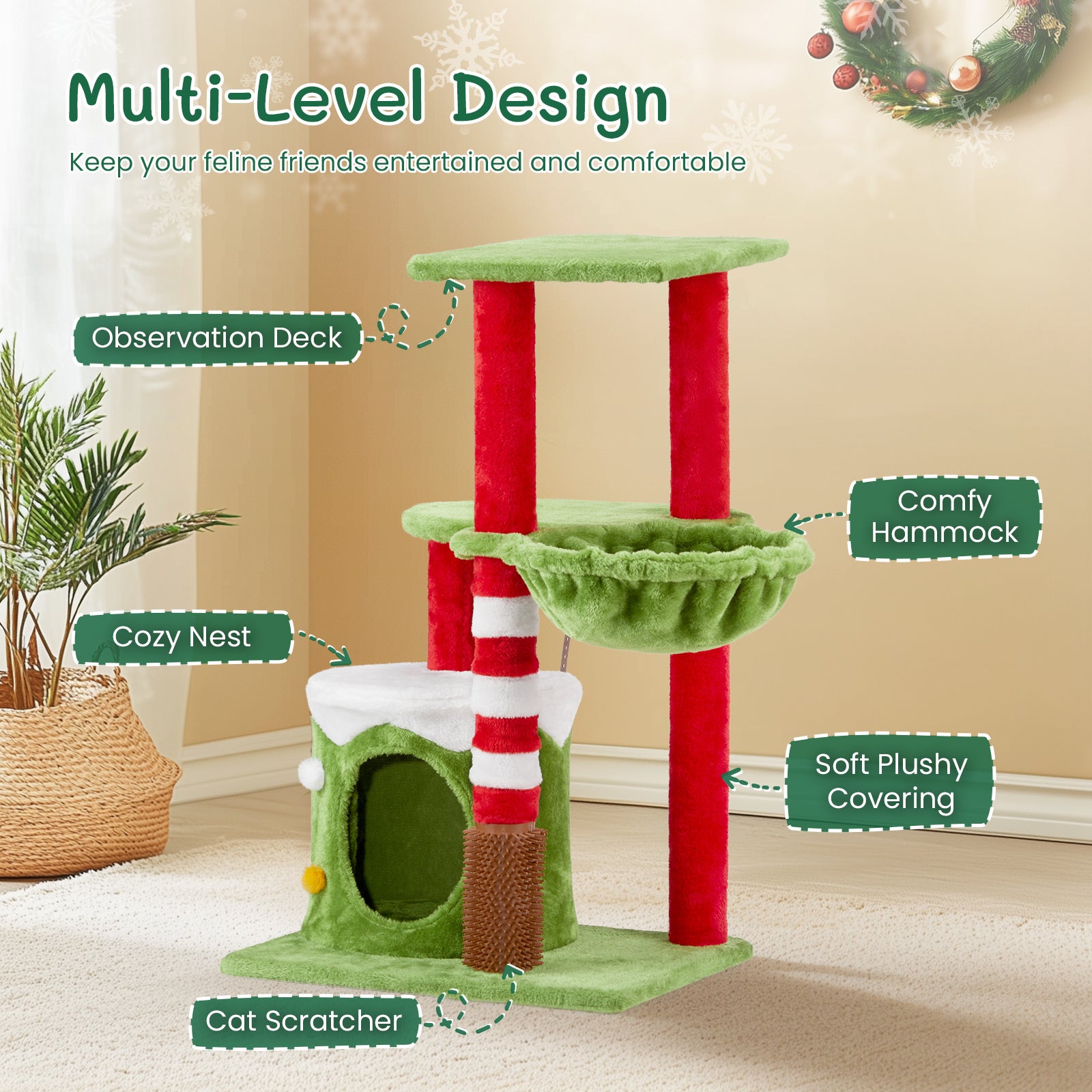 2-Story Cat House with Hammock & Climbing Frame – Multi-Level Cat Condo with Platforms and Scratch-Resistant Design
