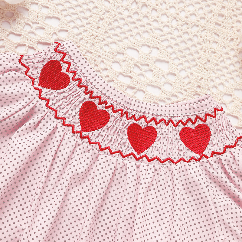 Newborn Baby Girls Valentine’s Day Smocked Romper – Short Sleeve Heart Embroidery Jumpsuit ❤️👶