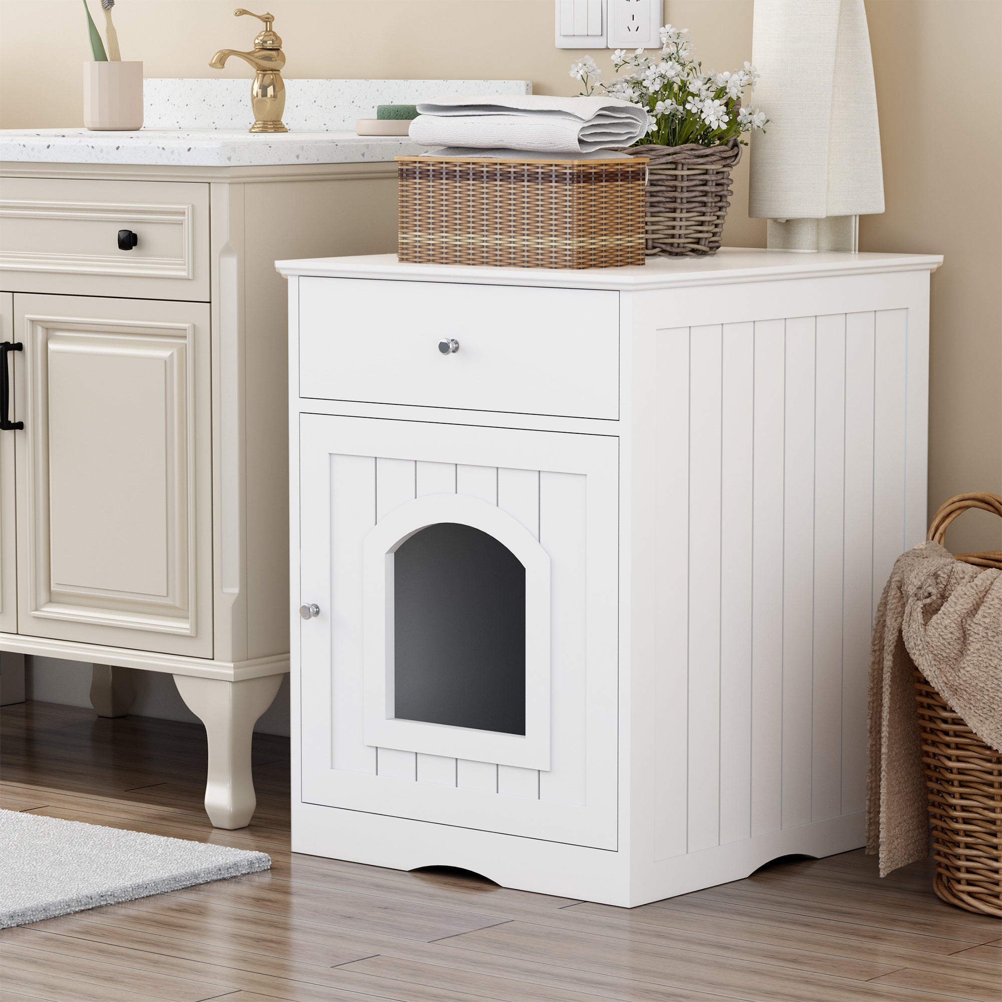 Wooden Pet House Litter Box Furniture – Multi-Functional Enclosure with Fence, Drawers & Modern Wooden Design