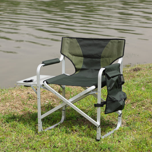 Oversized Padded Folding Chair with Side Table & Storage – Lightweight Aluminum Frame with Drink Tray and Organizer Pockets