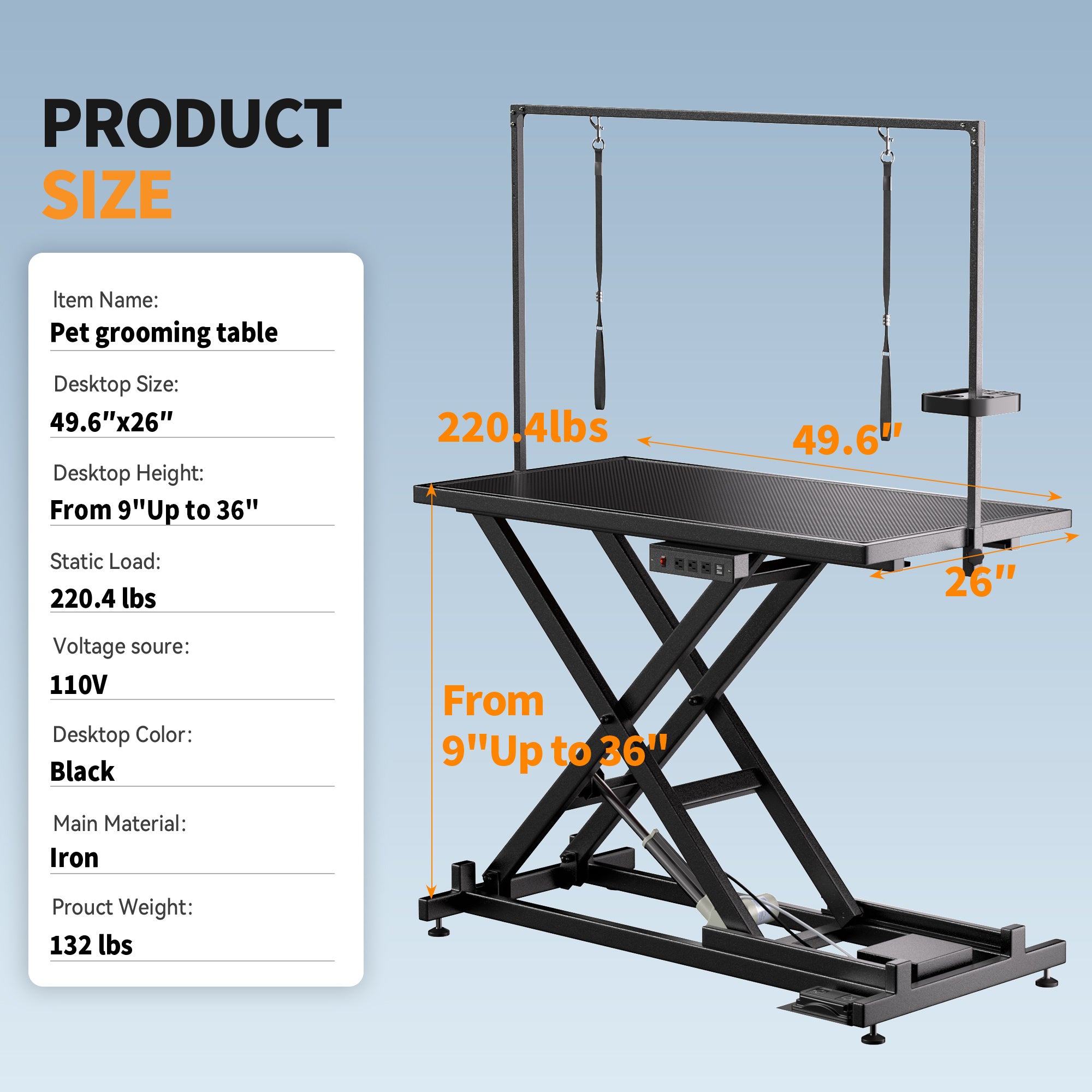 Height-Adjustable Pet Grooming Table – 50″ Electric Lift Station with Leveling Wheels, Grooming Arm, Non-Slip Top & Tool Organizer (Black)