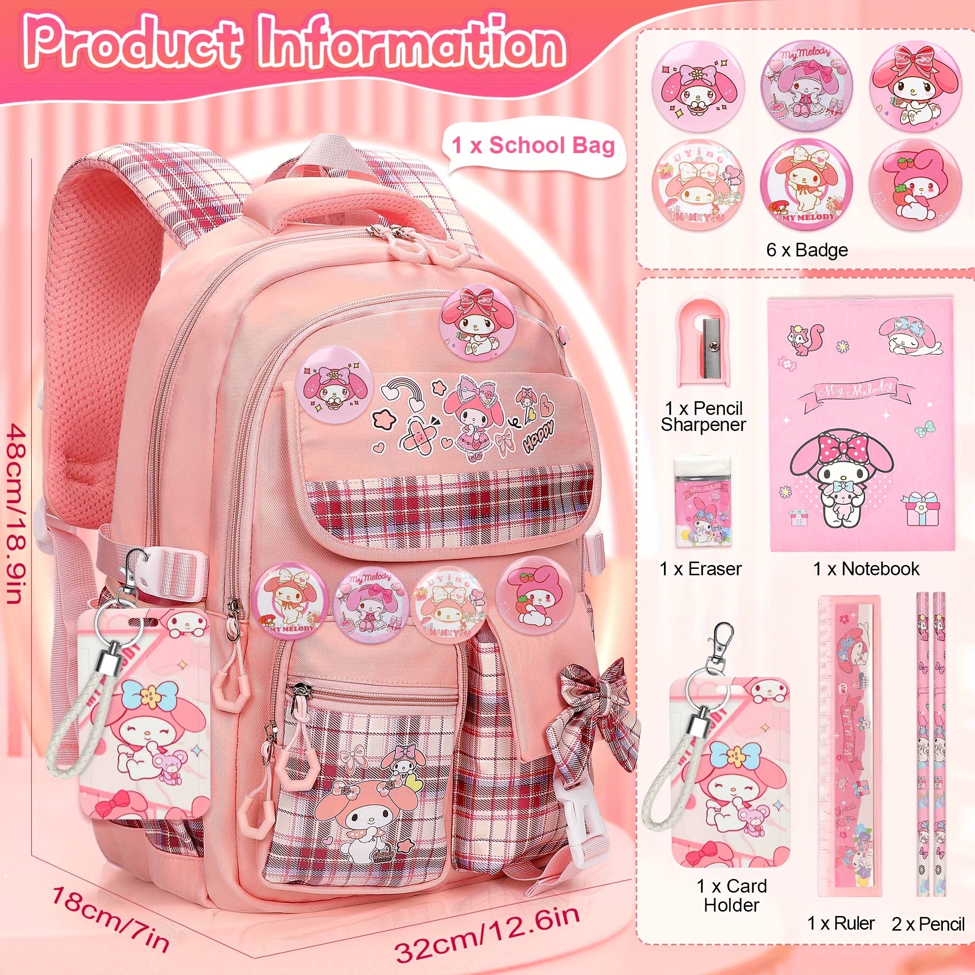My Melody Cartoon Shoulder Bag & Student School Bag Set – Includes Card Holder, 6 Badges & Stationery, Ultra-Light Travel Gear