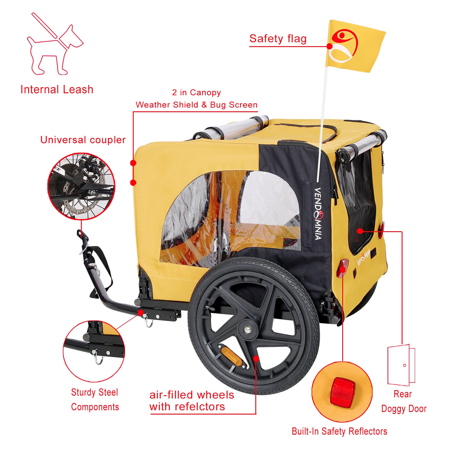 Yellow Heavy-Duty Foldable Pet Stroller & Bike Trailer – Weatherproof with Quick-Release Wheels & Ventilated Canopy