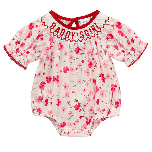 Infant Girls Floral Smocked Romper 🌸 “Daddy’s Girl” Embroidery 💖 Short Sleeve Bodysuit
