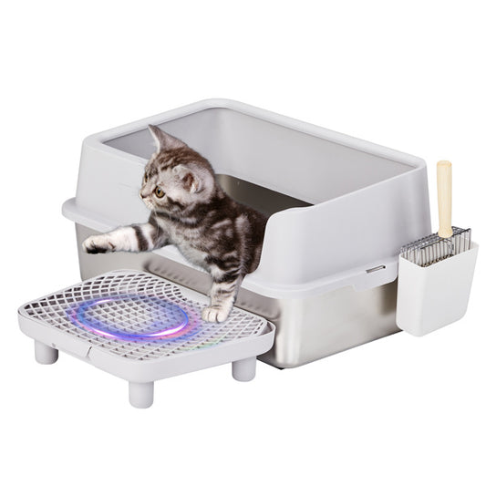 Extra-Large Stainless Steel & Plastic Litter Box with Snap-On Enclosure, Spatula & Foot Pad – Grey (61 × 40 × 33 cm)