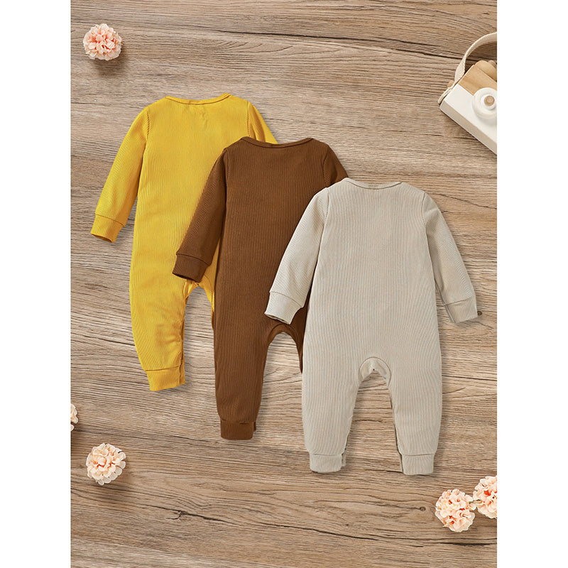 3-Pack Baby Rompers – Long Sleeve Ribbed Jumpsuit with Soft Cotton Fabric & Button-Front Design for Boys & Girls