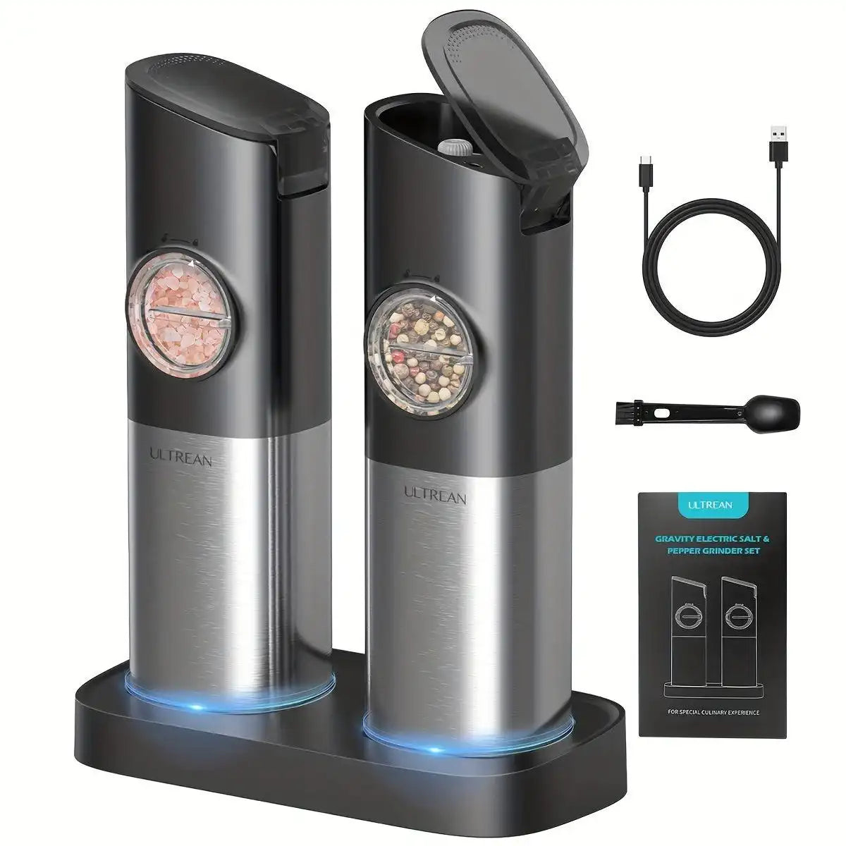 USB Rechargeable Ultrean Gravity Electric Salt And Pepper Grinder Set - Adjustable Fineness, Stainless Steel, One Handed Operation, Auto Dust Lids, LED Light, Dual Charging Base - PulinGO