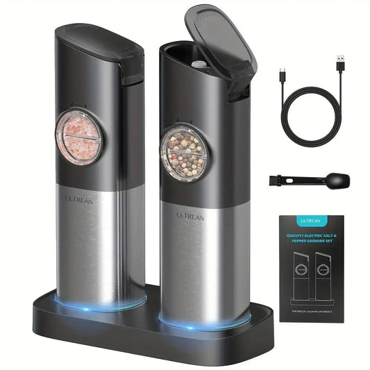 USB Rechargeable Ultrean Gravity Electric Salt And Pepper Grinder Set - Adjustable Fineness, Stainless Steel, One Handed Operation, Auto Dust Lids, LED Light, Dual Charging Base - PulinGO