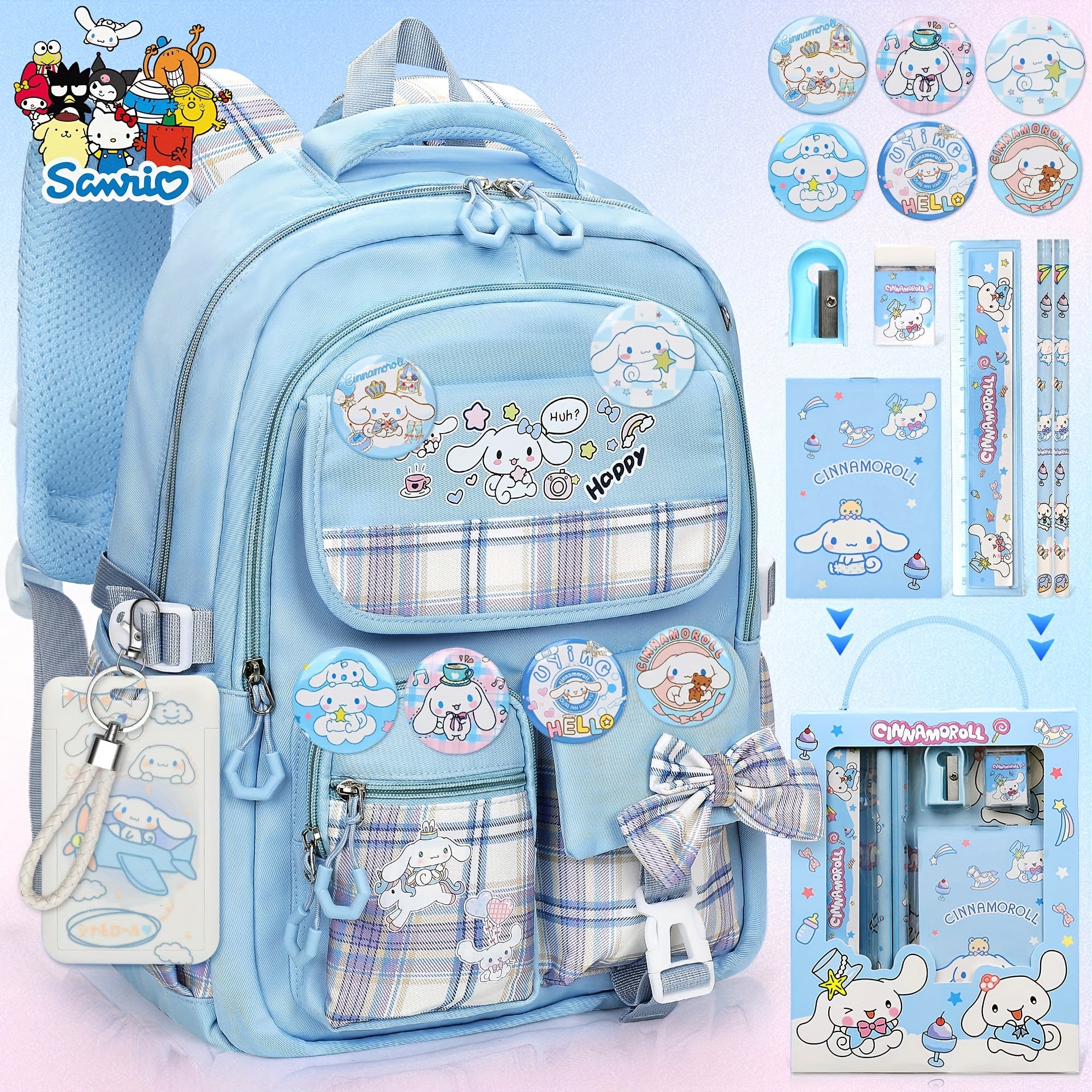 Cinnamoroll Blue Backpack Set – Large Capacity School Bag + 6 Badge Pins + Stationery Set + Card Holder & Coin Purse