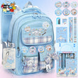 Cinnamoroll Blue Backpack Set – Large Capacity School Bag + 6 Badge Pins + Stationery Set + Card Holder & Coin Purse