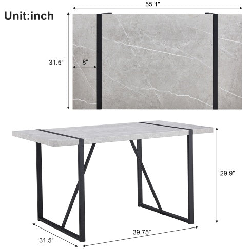 Modern 55-Inch Dining Table – Rectangular Gray MDF Top with Metal Frame, Easy Assembly for 4 People