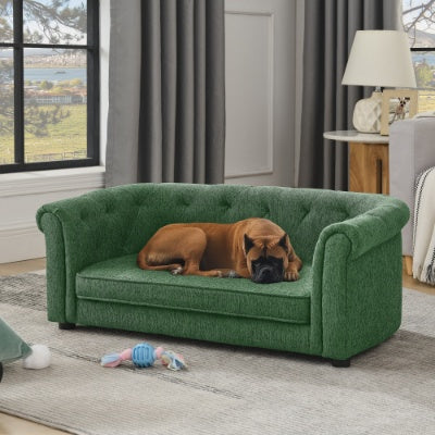 Contemporary Linen Pet Sofa – Rectangular Design with Arc-Shaped Backrest & Armrests