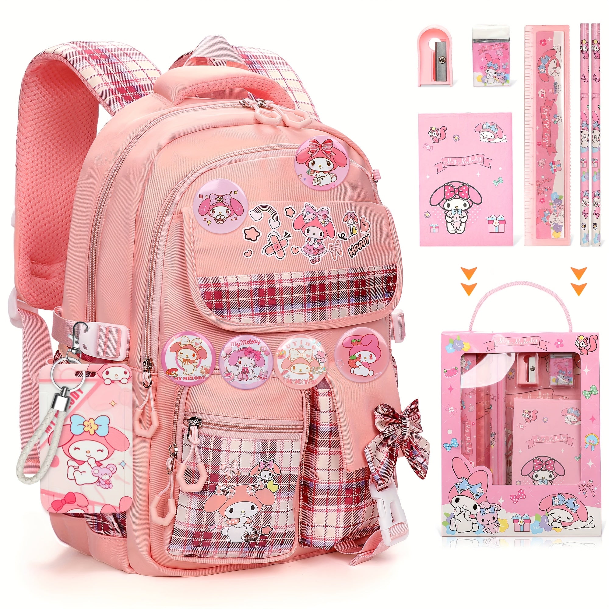 SANRIO My Melody Pink Backpack Set – Adjustable-Strap Multi-Pocket Student & Travel Bag with Stationery Bundle 🎒✏️