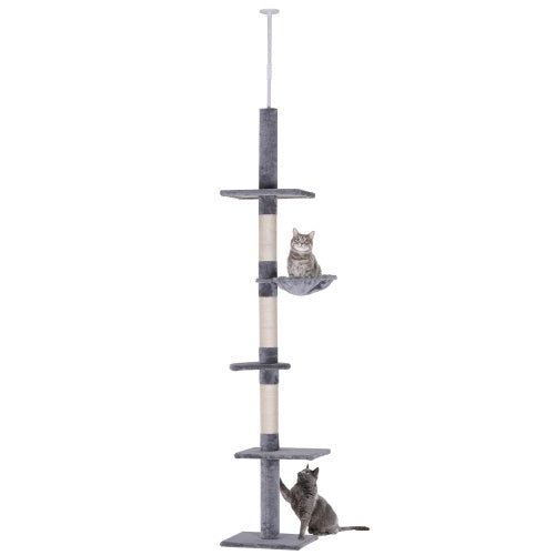PawHut 9′ Adjustable Floor-to-Ceiling Vertical Cat Tree – 5-Tier Plush Platforms with Sisal Scratching