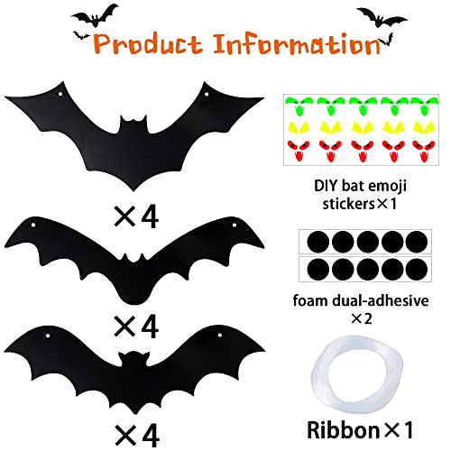 12PCS 3D Hanging Bats with Glowing Eyes – Waterproof Outdoor Halloween Decorations with 15 Pairs of Fluorescent Eye Stickers