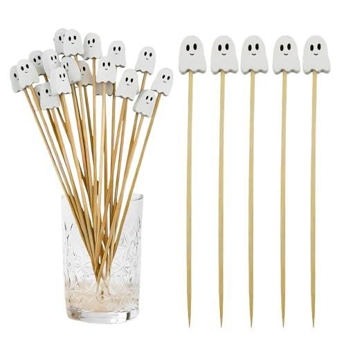 100Pcs Halloween Ghost Cocktail Picks – Pink & White Bamboo Toothpicks for Appetizers, Desserts & Party Snacks (4.92 Inches)