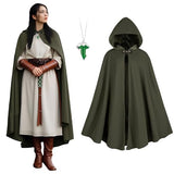 Green Hooded Medieval Cloak – Elf-Inspired Cape with Leaf Brooch & Toggle Closure for Halloween & Cosplay 🍃🧝‍♂️