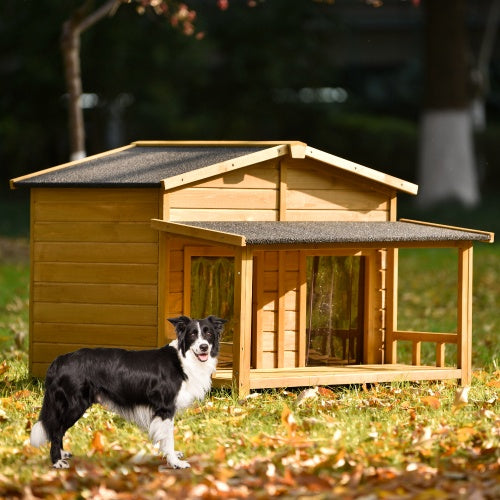 Large Wooden Dog House – Outdoor Hut Style with Porch & Dual Doors, Weatherproof Pet Shelter for Medium & Large Dogs
