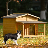 Large Wooden Dog House – Outdoor Hut Style with Porch & Dual Doors, Weatherproof Pet Shelter for Medium & Large Dogs