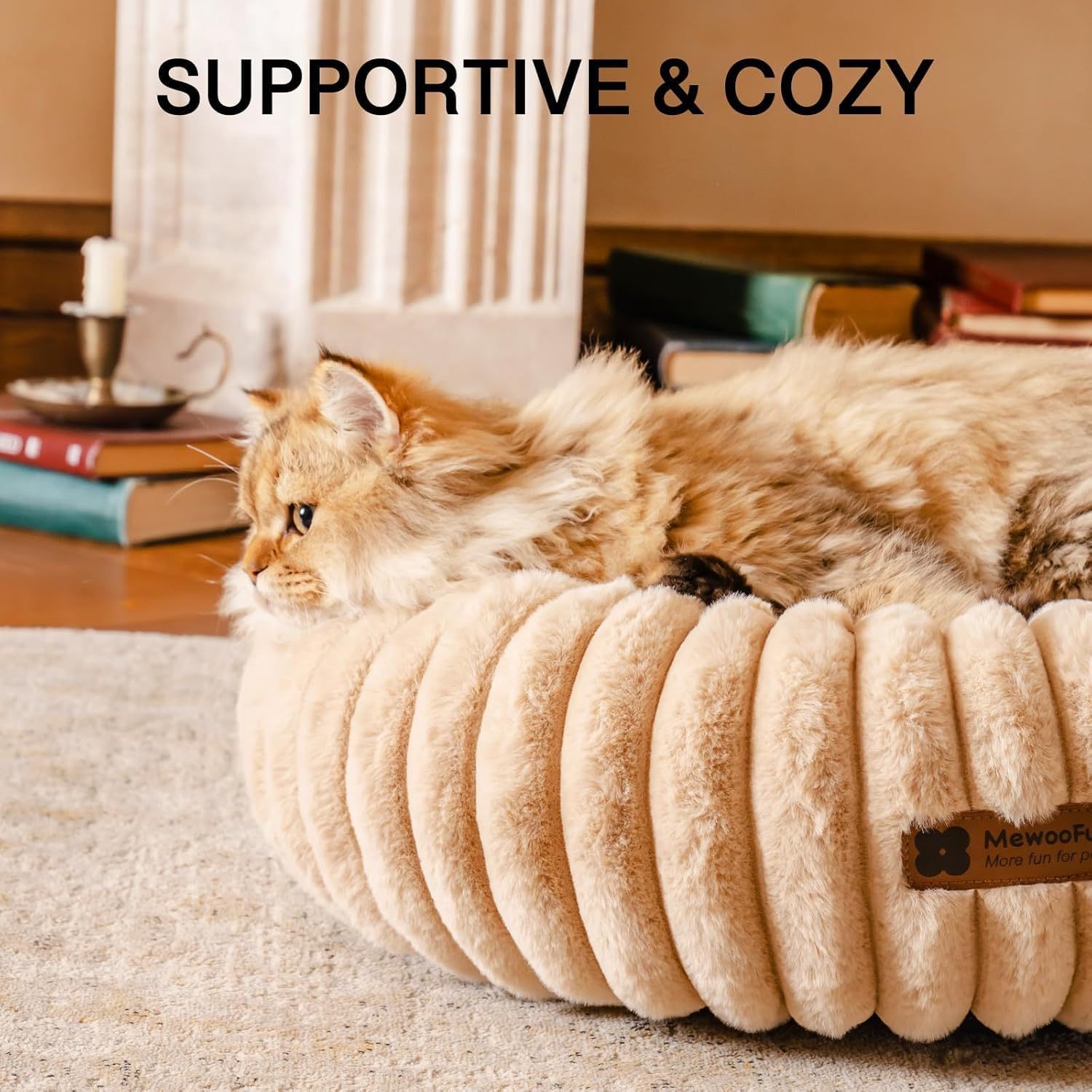 Mewoofun Donut Cat Bed – Light Brown Washable Fluffy Round Calming Pet Bed with Non-Slip Bottom for Cats & Small Dogs
