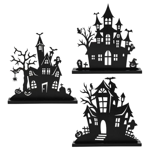 Haunted House Wooden Table Decor – 3Pcs Tiered Tray Halloween Centerpieces with Double-Sided Design (Black, Vintage Style)