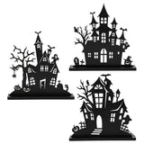 Haunted House Wooden Table Decor – 3Pcs Tiered Tray Halloween Centerpieces with Double-Sided Design (Black, Vintage Style)