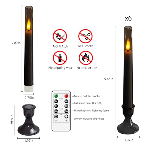 Grey Flameless Taper Candles with Remote – 6-Pack Flickering LED Candles for Weddings, Parties & Home Decor (9.45”)