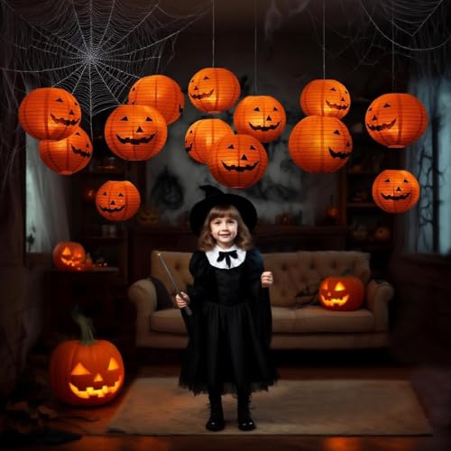 Floating Jack-O’-Lantern Halloween Lights – 12 Paper Pumpkins with 24 LED Tea Lights & Remote Control (Spooky Floating Decor)