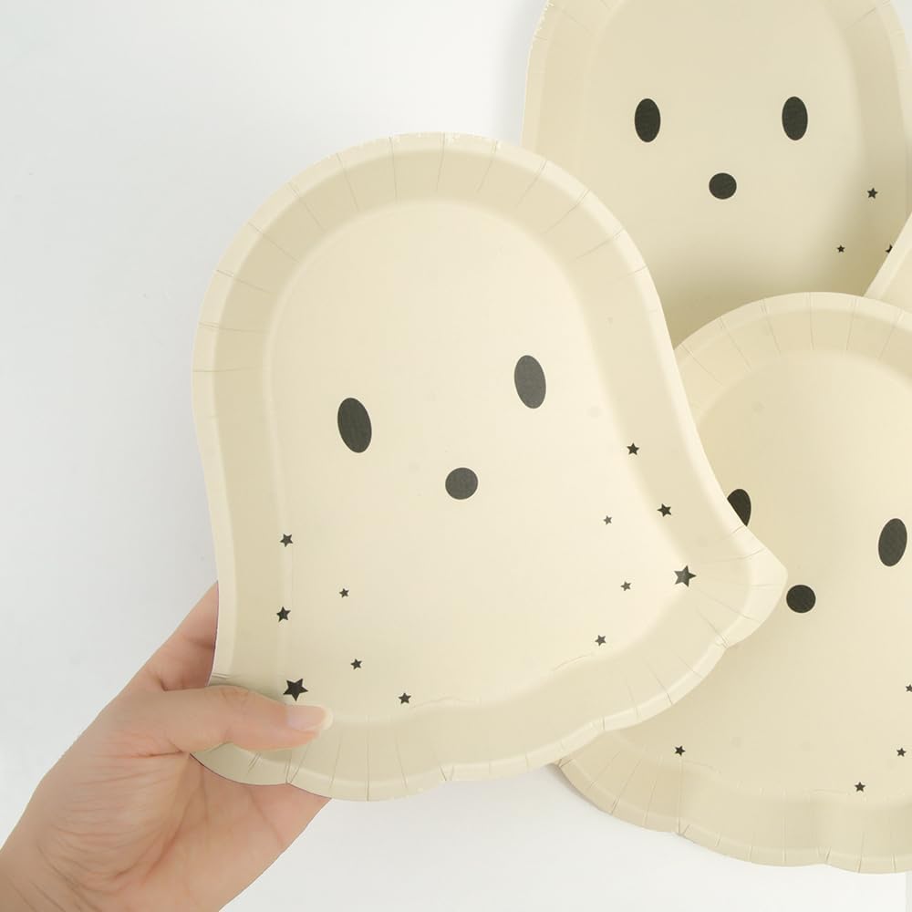 Beige Ghost Halloween Paper Plates – 24 Pcs 8.5" Cute Neutral Disposable Plates for Parties, Baby Showers & Summerween