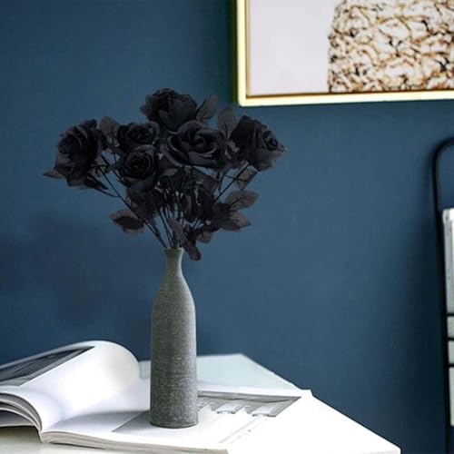 Artificial Black Roses – 12PCS 21" Long Stem Silk Flowers for Halloween, Gothic Wedding & Home Decor