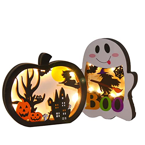 Wooden Halloween Pumpkin & Ghost Lantern Set – Light-Up Table Decorations with Warm Glow