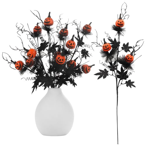 Artificial Pumpkin & Maple Leaf Stems – 5-Piece Halloween Floral Decoration Set (Black/Orange, 19.5”)