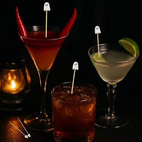 100Pcs Halloween Ghost Cocktail Picks – Pink & White Bamboo Toothpicks for Appetizers, Desserts & Party Snacks (4.92 Inches)